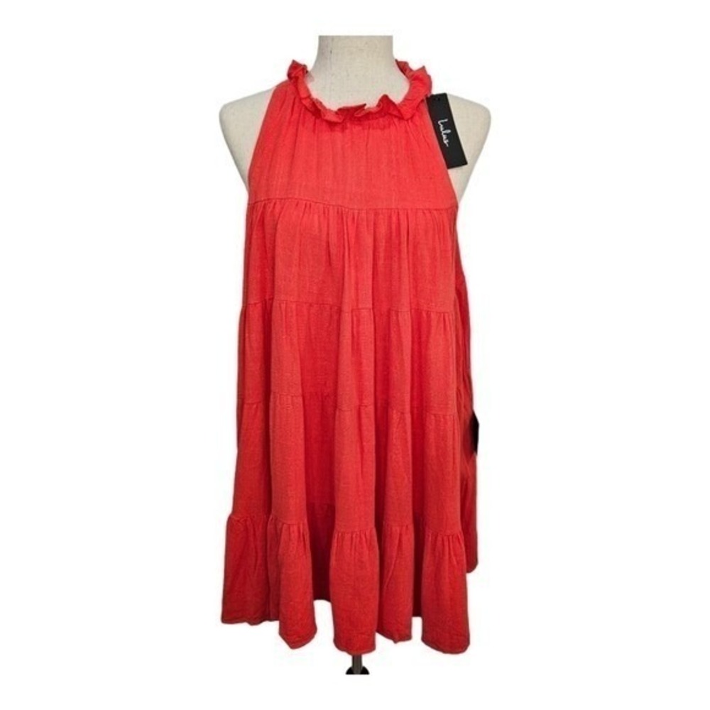 Lulus Womens Red Linen Blend Tiered Mini Dress S Sleeveless Ruffle Tie Back Boho - Picture 3 of 13